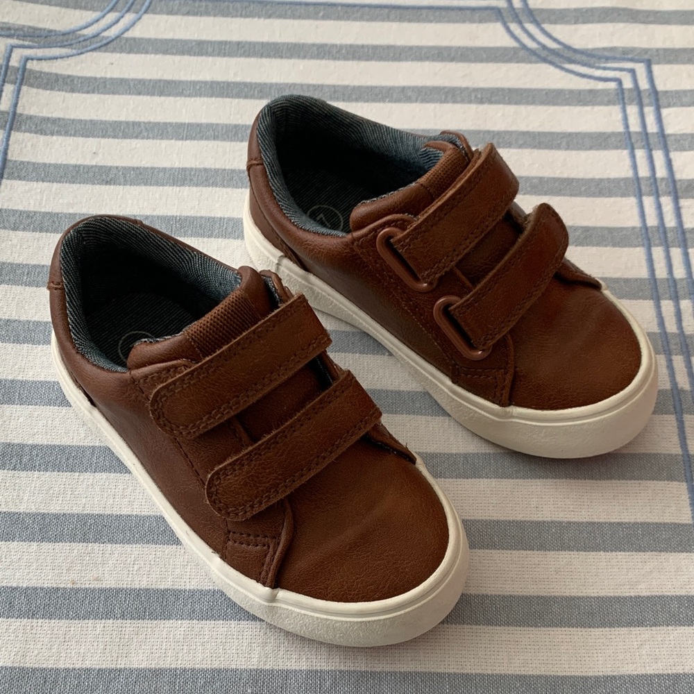 Kids Brown Velcro Sneakers - Classic Casual Shoe 7c